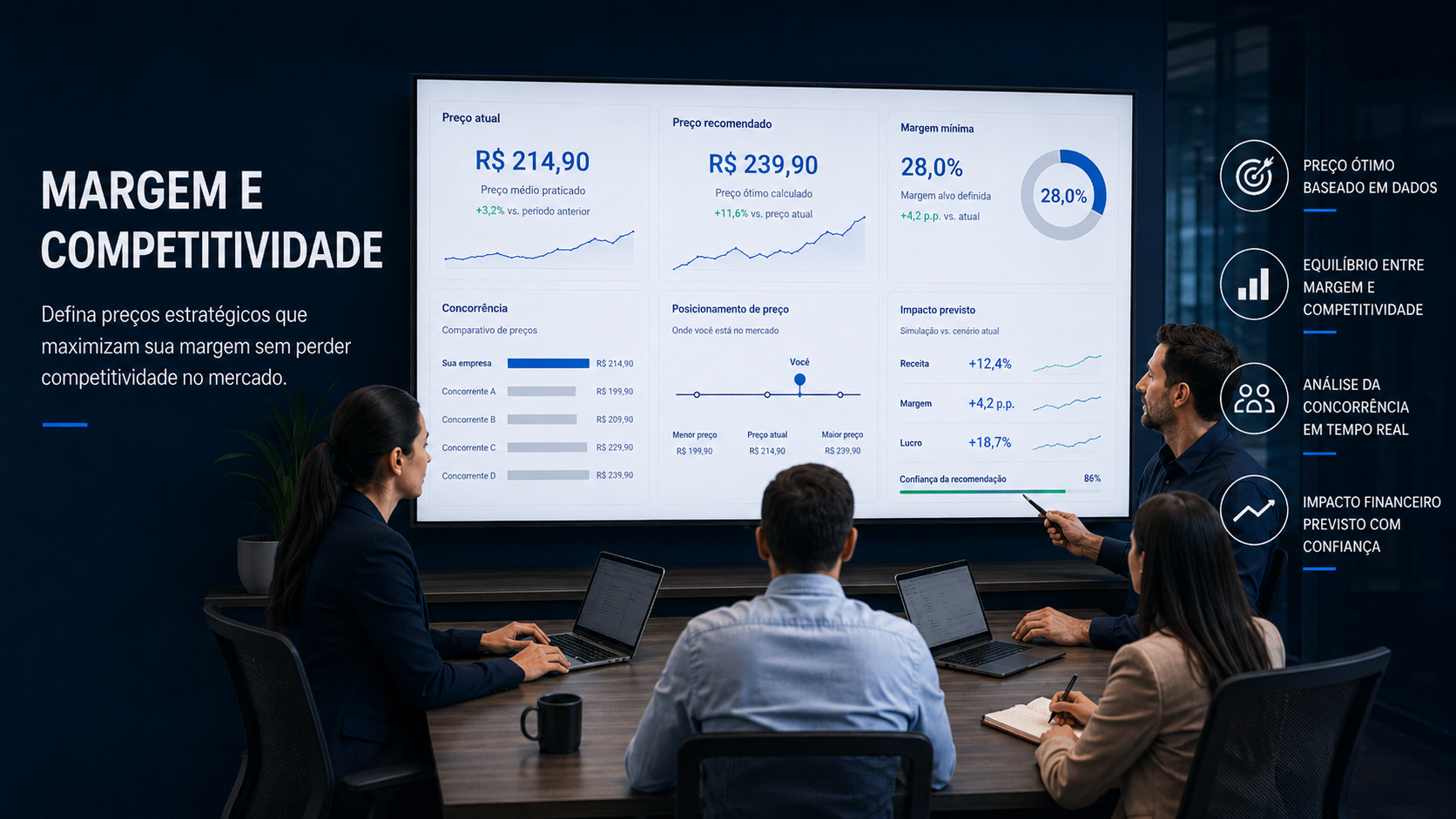 dashboard de pricing mostrando margem, concorrência e recomendação de preço