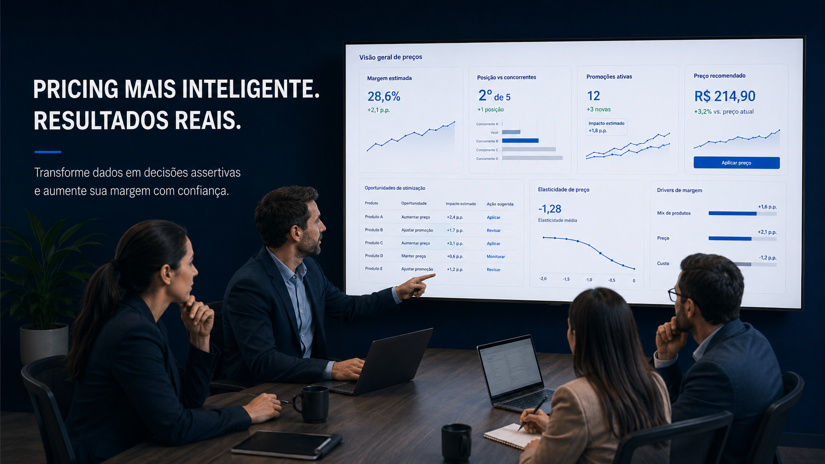 equipe usando plataforma inteligente de pricing para decisões estratégicas de preço. 