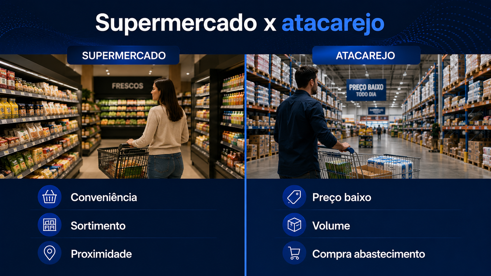 comparação entre estratégias de pricing para supermercados e atacarejos. 