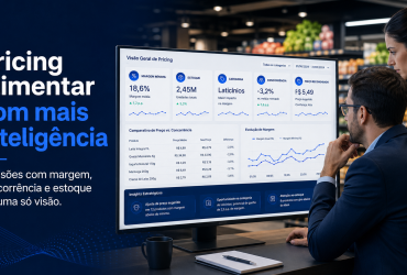 gestor analisando pricing no varejo alimentar com indicadores de margem, volume e percepção de preço.
